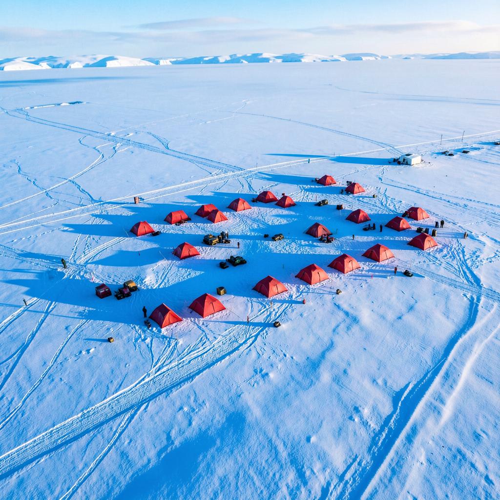 Twelve tents up before the wind turned. Deep-field camp operational, first radar transect starts at 0600.