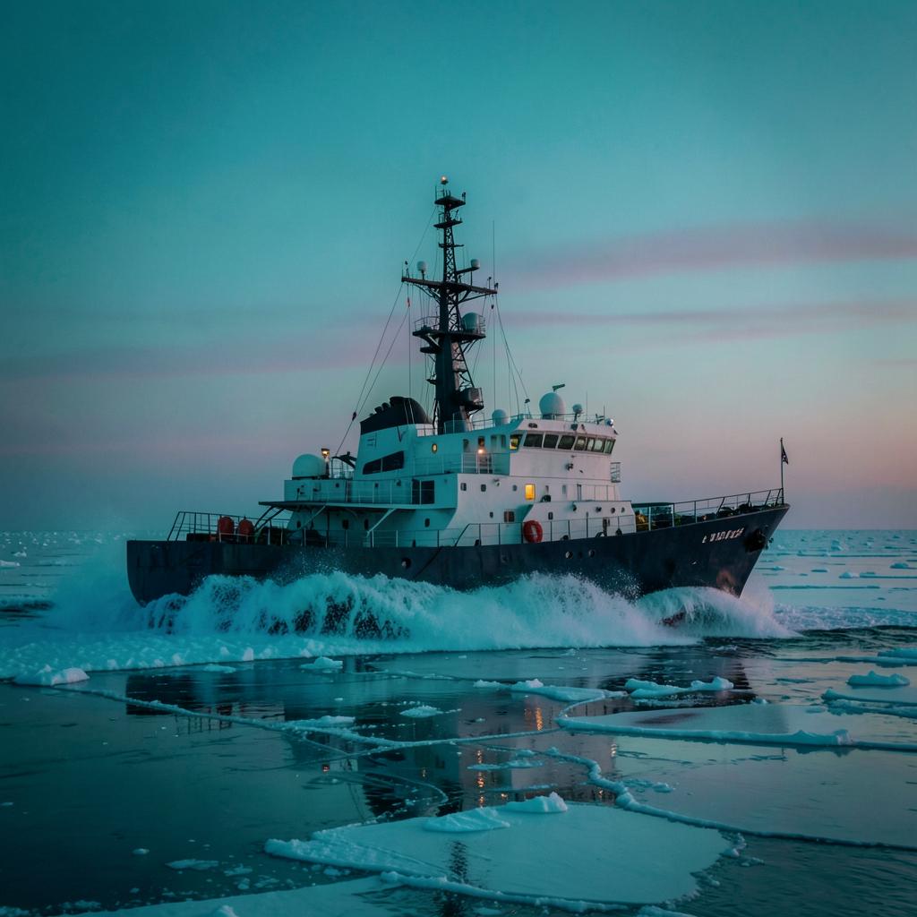 Breaking into first-year ice on transect 14. CTD casts every six nautical miles, salinity anomaly holding at +0.4 PSU.